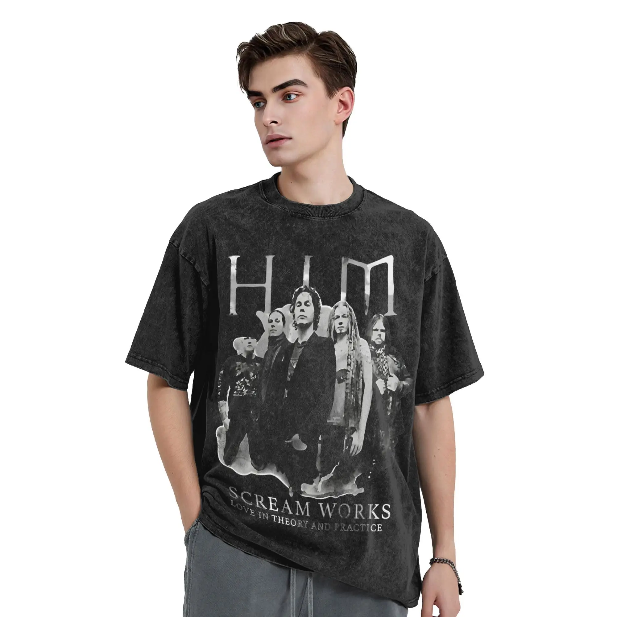 Painting Him Band Ville Valo Vintage Washed T-Shirts  Novelty Pure Cotton Tee Shirt Short Sleeve T Shirts 4XL 5XL Clothes