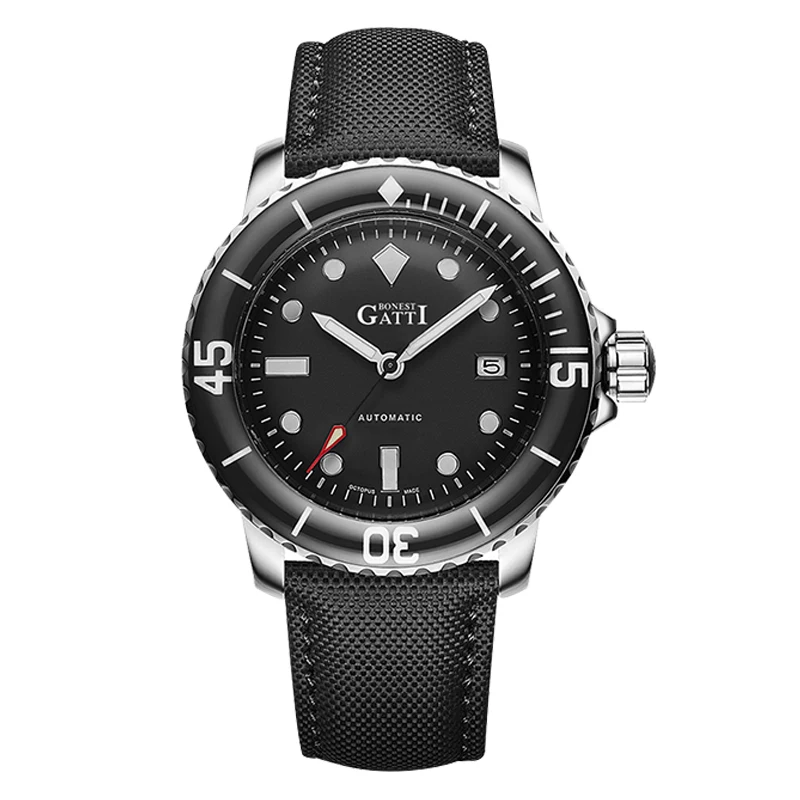 BONEST GATTI Men Automatic Watch 44mm Mechanical Wristwatch Rotatable Sapphire Bezel C3 Luminous Diver 20ATM Waterproof