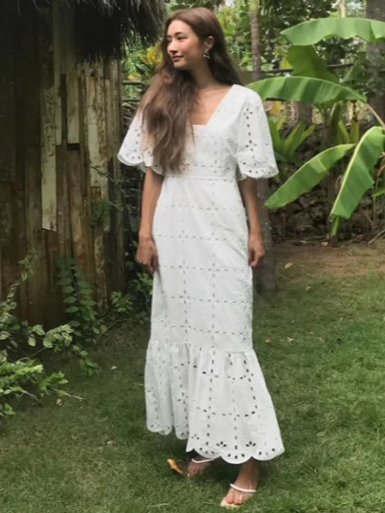 

Retro Chic Summer Long Hollow out Design Fi Tail Dr Heavy Embroidery Square Collar ort Sve Women's Faion
