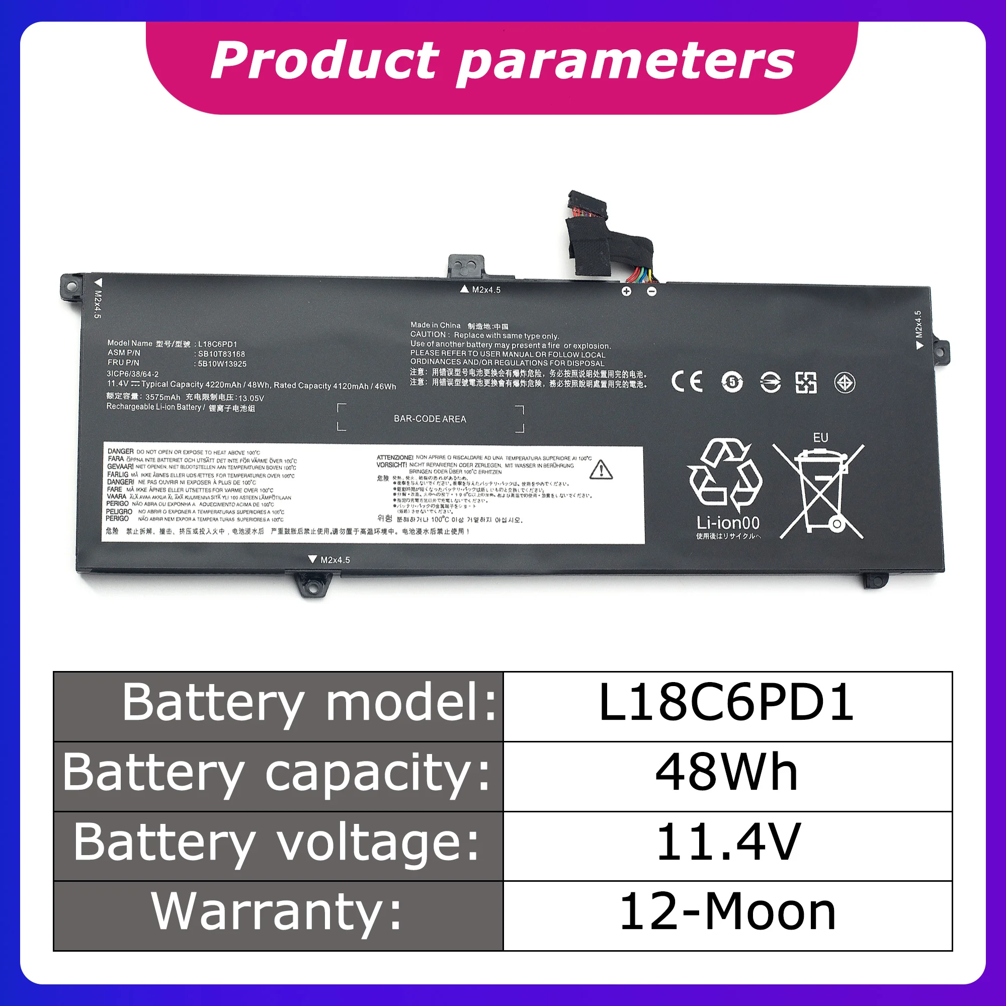 L18C6PD1 Genuine L18M6PD1/L18M6PD2 Battery for Lenovo ThinkPad X13/X390/X395 Laptop Battery 4220mah/48wh