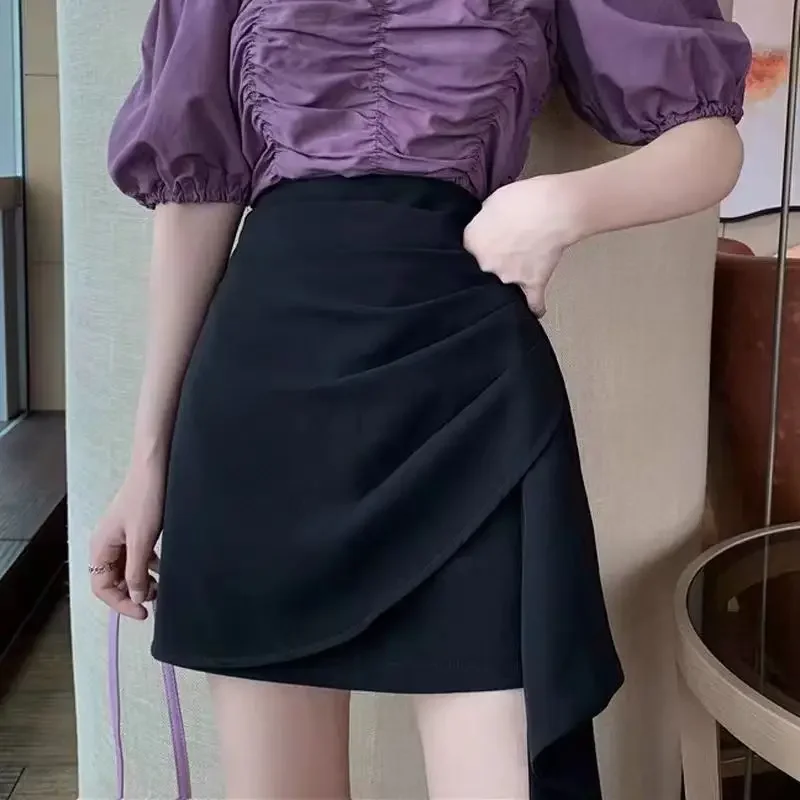 

Summer New Loose Solid Color Asymmetrical Skirts Elegant Zipper Folds Irregular High Waist Mini Skirts Women's Clothing 2025