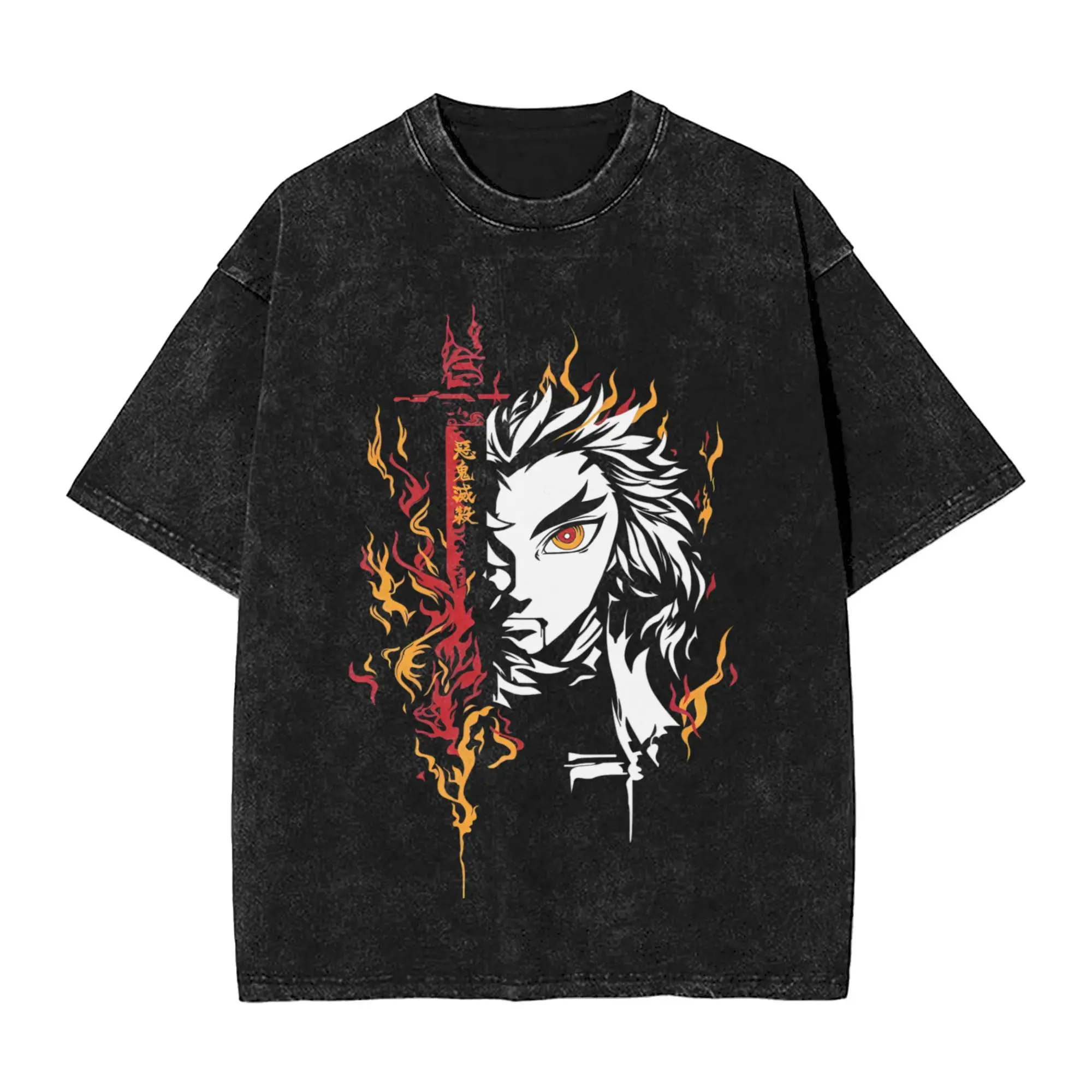 

Kyojuro Rengoku T Shirt Hip Hop Washed Oversize T-Shirts Anime Demon Slayer Retro for Men Women Tops Streetwear Summer Tops Tees