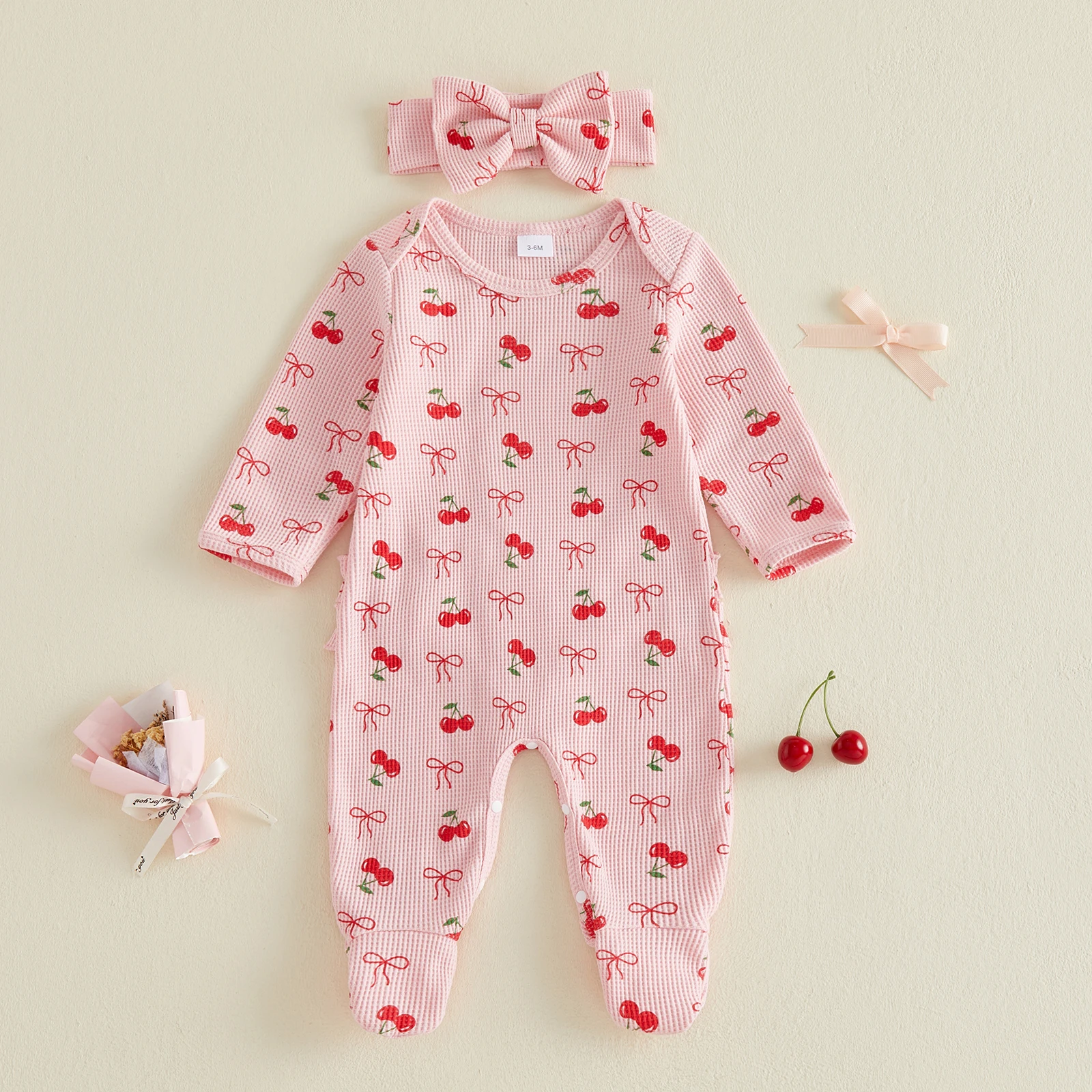 Baby Girls Footies Fall Romper Cherry Bowknot Print Waffle Crew Neck Long Sleeve Infant Bodysuits Jumpsuits with Headband