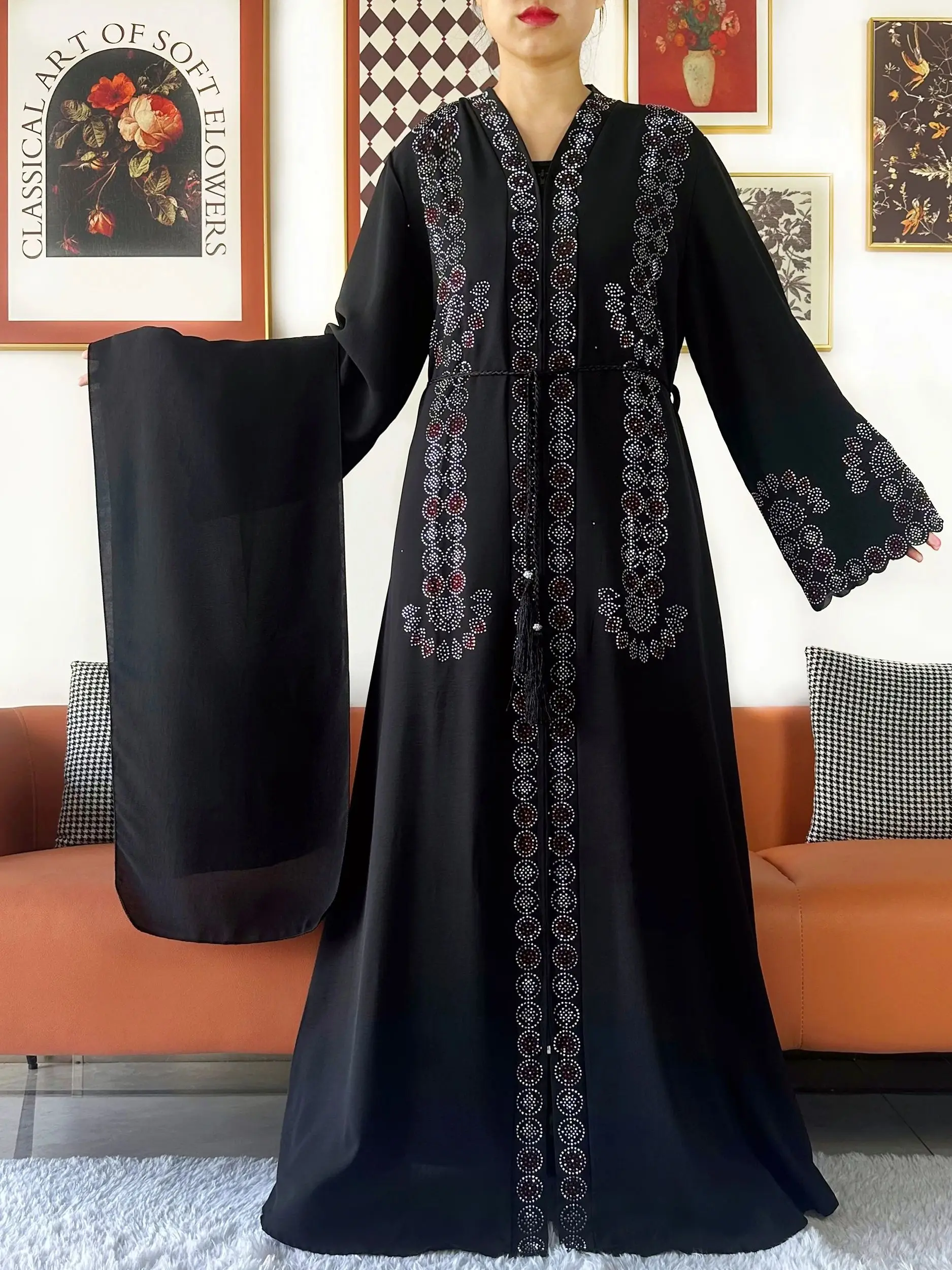 Muslim Ramadan Fashion Long Sleeve Dress Rhinestones Cardigan Muslim For Women Open Abaya Dubai Caftan Islamic Kimono Clothing