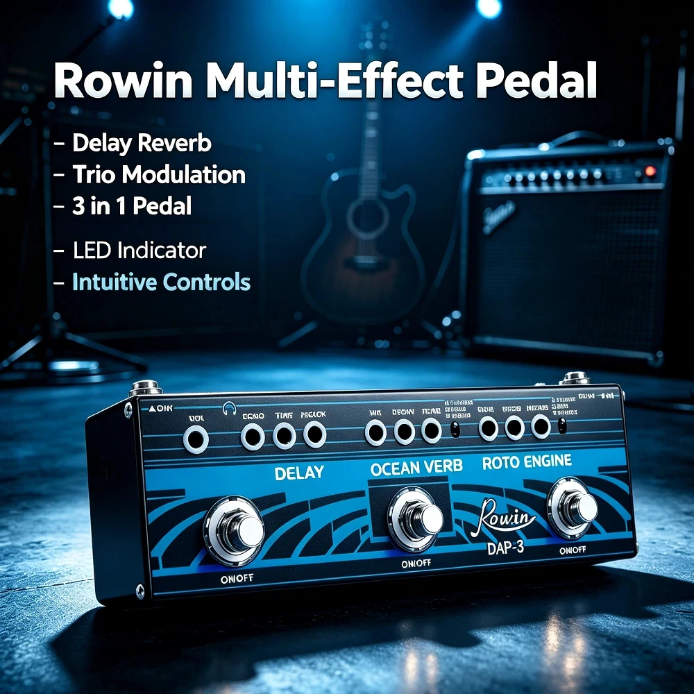 Rowin 3‑in‑1 Guitar Multi Effects Pedal Delay + Ocean Verb Reverb + Roto Engine Rotary Speaker Modulation Compact Size Stompbox