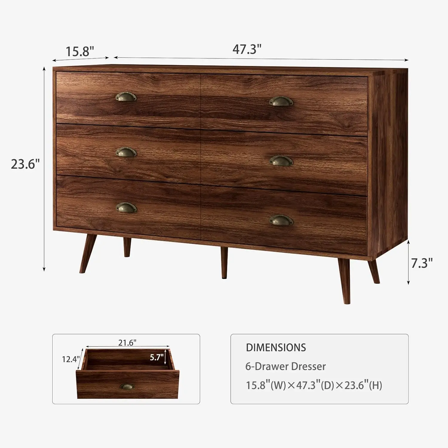 Walnut Brown Dresser for Bedroom, 6 Drawer Dresser with Wide Drawers and Metal Knob, Wood Dressers & Chest of Hallway