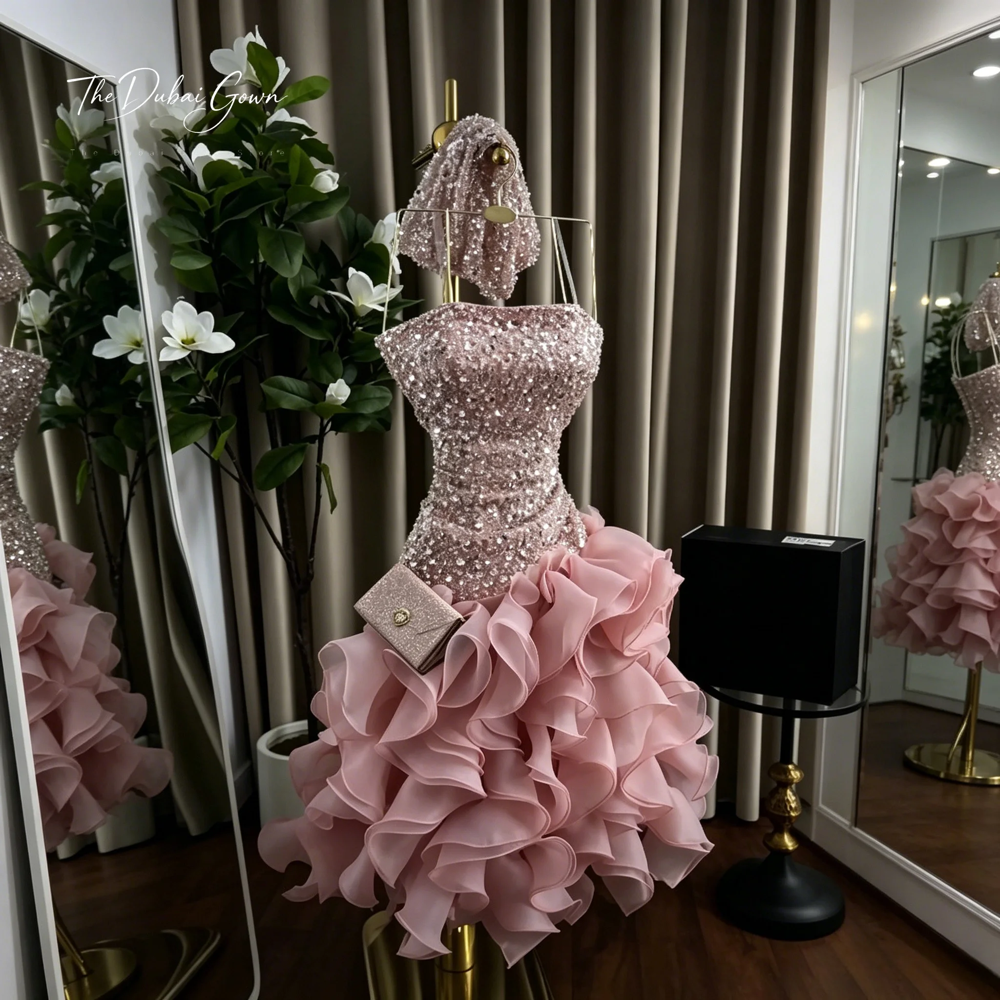 Blush Pink Sweetheart Strapless Evening Gown, Fully Beaded High Low Ruffle Tulle Prom Dress Dubai Luxury Engagement Formal Dress