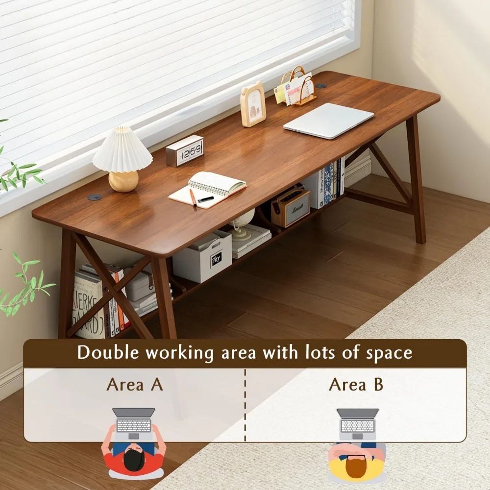 مكتب خشبي طويل جدًا مع رف كتب - طاولة دراسة للعمل في المكتب المنزلي، محطة عمل للكتابة مع رف تخزين من خشب الجوز