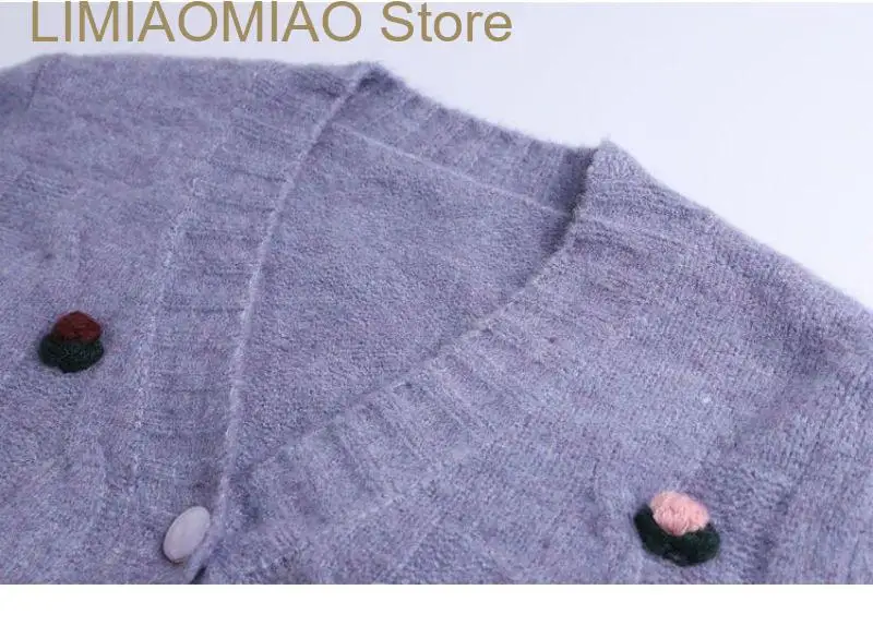 New Purple Appliques Soft Acrylic Knitted Sweater Cardigan Chic Fashion Short Jacket Coat Cardigan Vest Two Piece Set