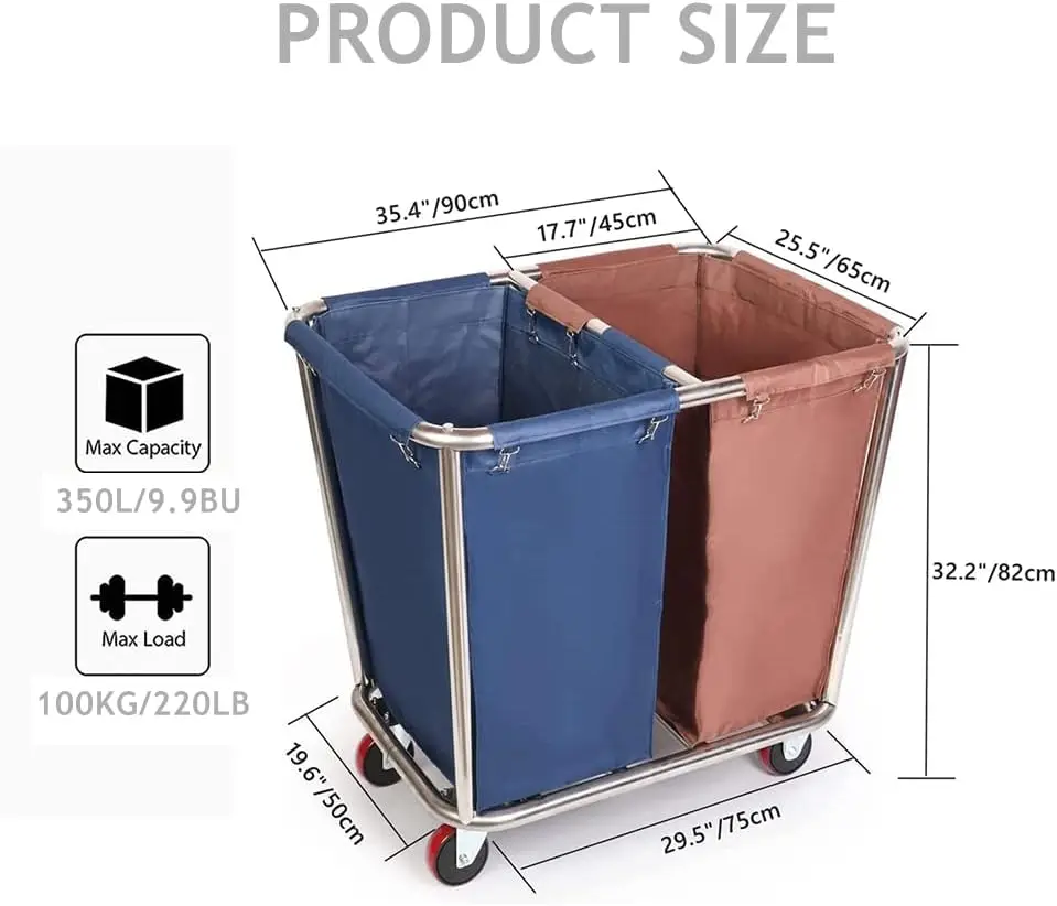 Laundry Sorter Cart 2 Bag, Commercial Laundry Hamper Basket Cart with Heavy Duty Lockable Wheels and Removable Bags Industrial L