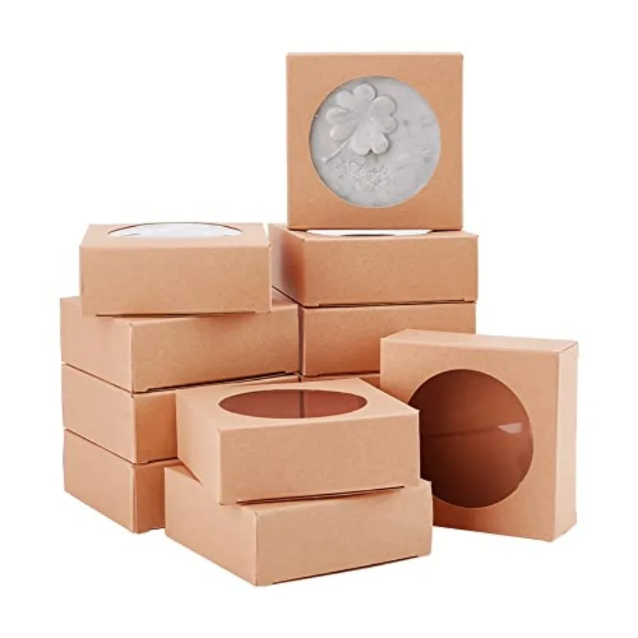 

24 Packs Kraft Square Paper Boxes Gift Wrapping Box with Round Clear Window 3x3x1.2 for Homemade Soap, Party Favor Treats and J
