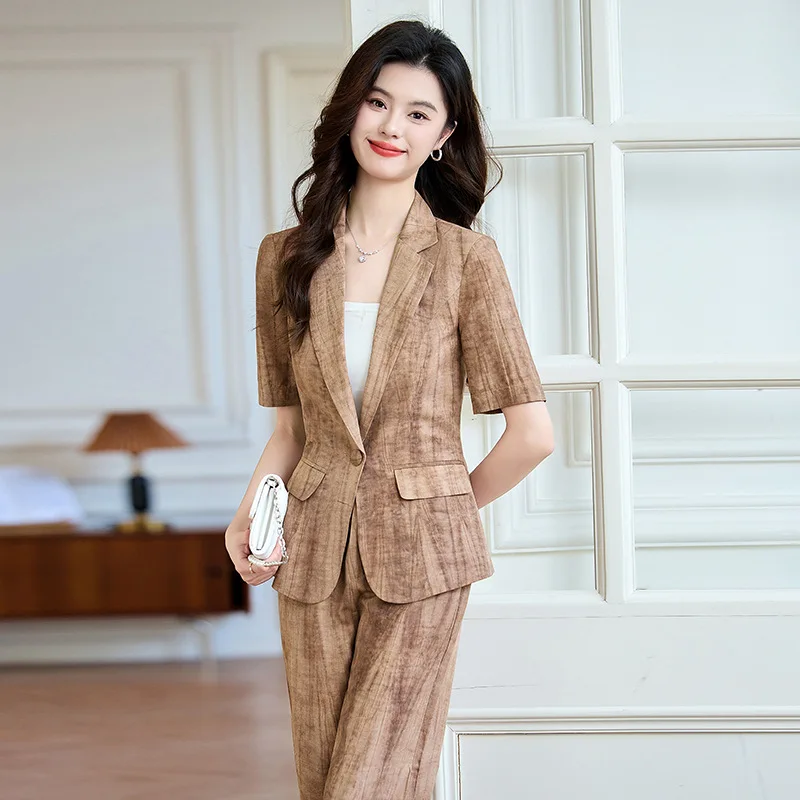 

Gray Short Sleeve Summer Small Suit Collar Jacket Women's Pants Dress Casual Fashion Two-Piece Set Summer Outfit Elegant