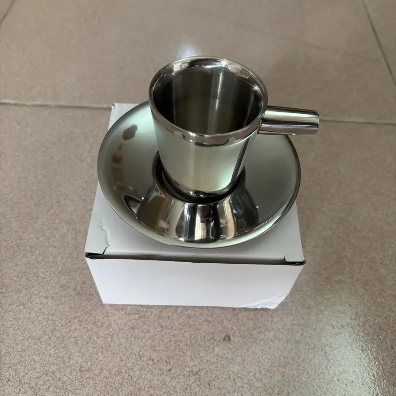 

Double Espresso Coffee Cup 304 Stainless Steel European Style Tea Cup Small Cup 80ml Cup and Saucer