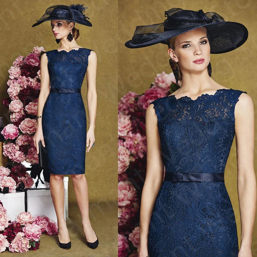 Latest Classic Navy Blue Mother of the Bride Dresses Lace Short   Knee Length Wedding Guest Dress Sleeveless