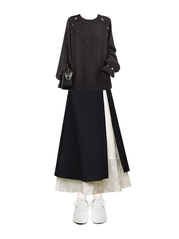 Maglione e gonna lavorati a maglia con giunture in pizzo Set da due pezzi Faion da donna rotondo Ne Winter Casual Loose Fit a vita alta