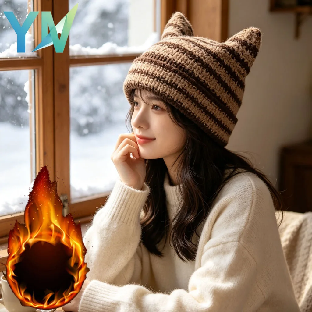 1-5pcs Striped Cat Ear Beanie Hat for Women Japanese Style Knitted Warm Thick Soft Pointed Slouchy Slip-on for Couples Winter