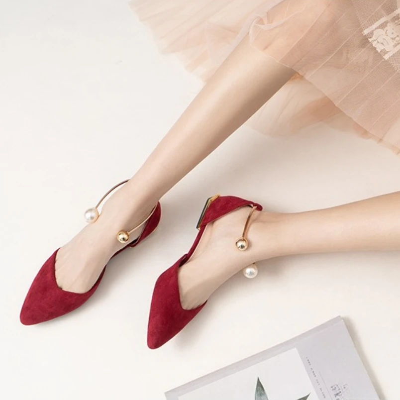 2025 Spring new unique shoes woman pearl ring metal flat hollow heel shoes pointed toe flat shoes