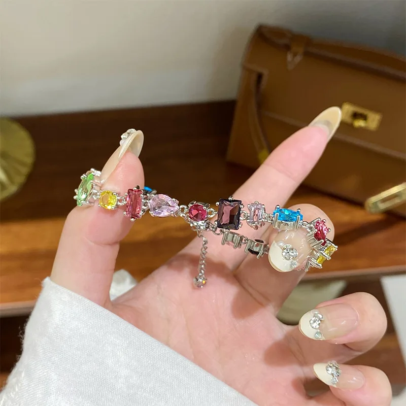 Trendy Sweet Zircon Irregular Square Oval Colored Bead Bracelet For Women Korean Fashion Rhinestone Geometric Bracelet Girl Gift image 4