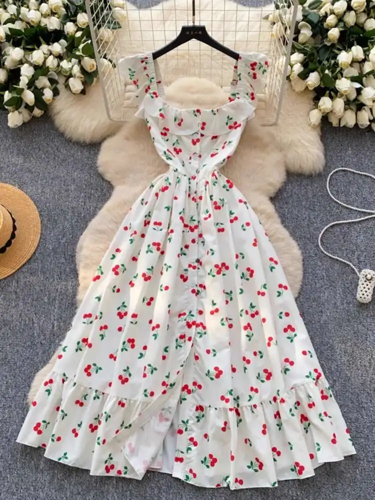 

French Beach Dress Women Vintage Square Collar Flying Sleeve Single Breasted Sweet Fruit Print Dresses Ladies Elegant Long Robe