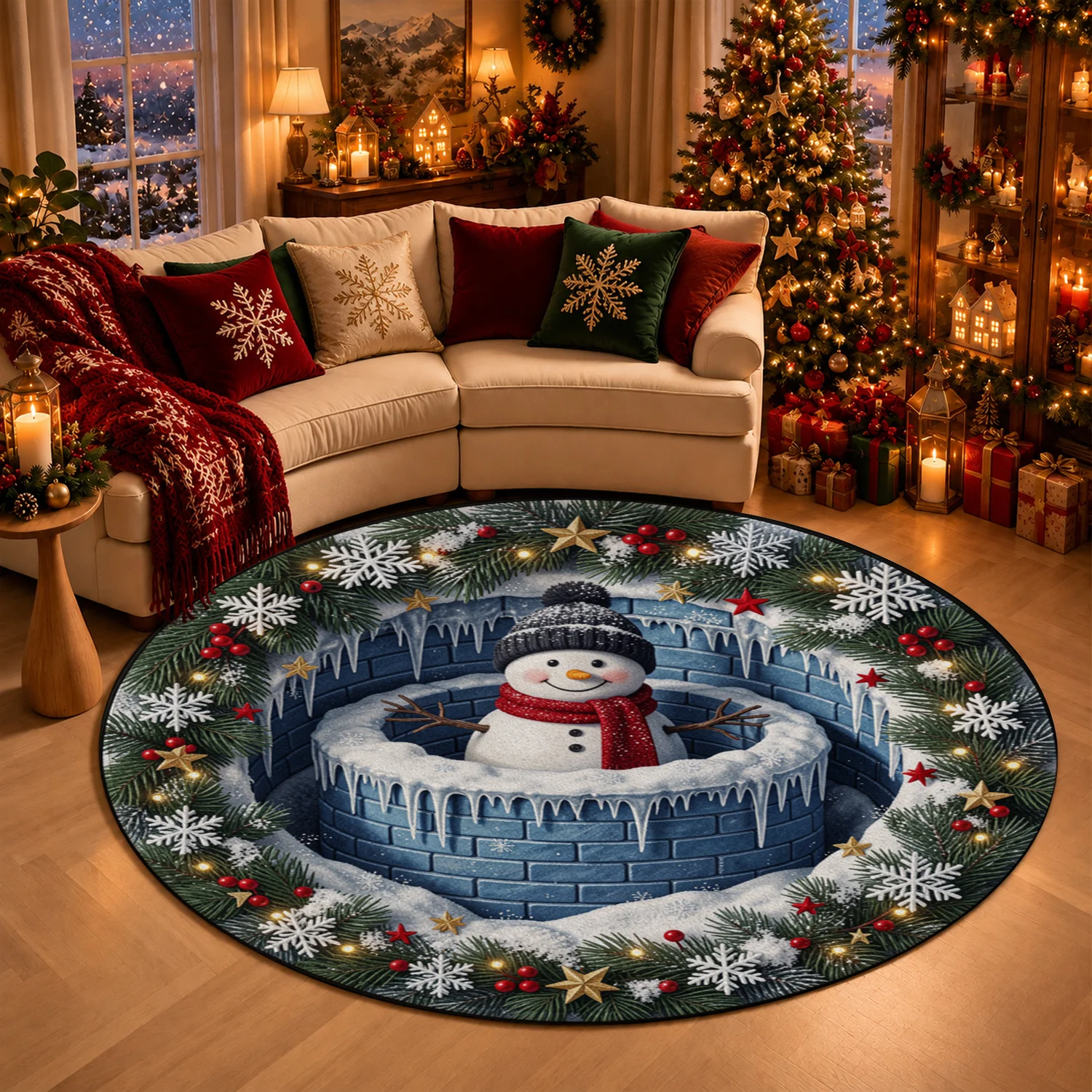 Winter Snowman Wreath Icicle Snowflake Pattern Round Velvet Rug Machine Washable Suitable for Living Room Entryway Bedroom Halloween Thanksgiving Christmas New Year Black Friday Cyber Monday
