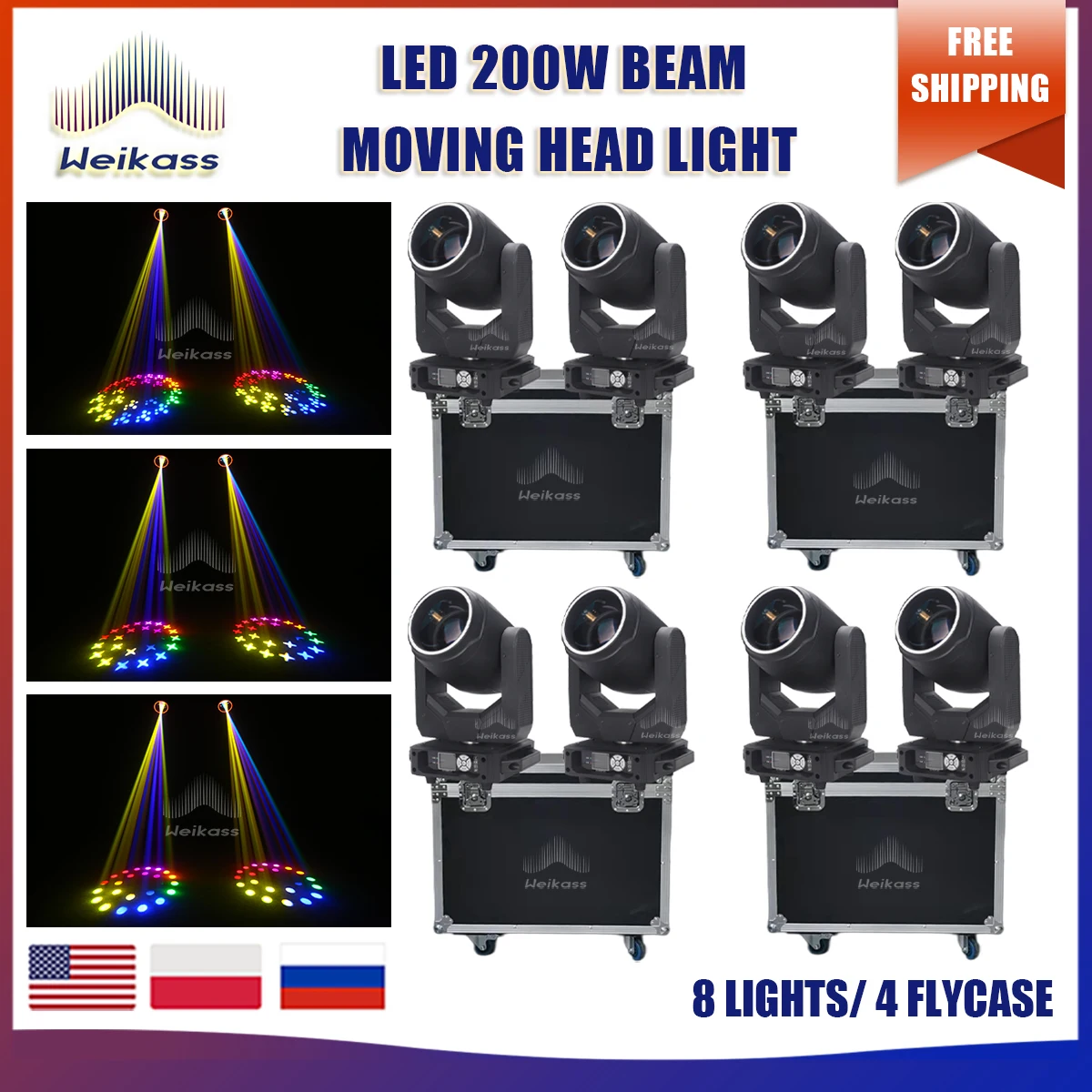 

No Tax 4 Flight Cases 8Pcs LED 200W Beam Moving Head Light For DJ Disco Stage Beam light Nightclub Party Show Wedding Chrismas