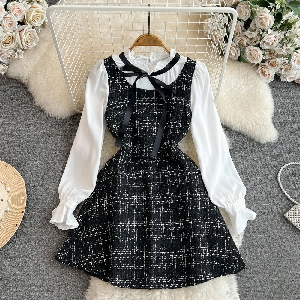 خريف جديد طويل مضيئة الأكمام الشريط القوس أسود أبيض فستان قصير للنساء شيك وهمية قطعتين المرقعة قصيرة أنيقة ألف خط فستان