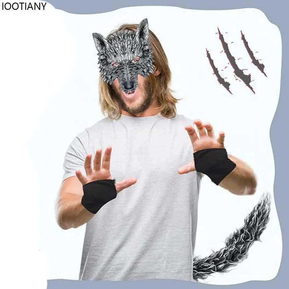 

Halloween Big Bad Wolf Cosplay Props Wolf Mask Gloves Tail Suit Animal Theme Party Dress Up Carnival Stage Showing Accessories