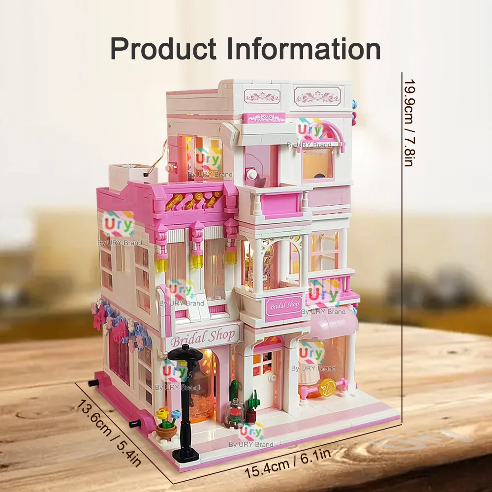 Mini City Street View Friends House Pink Wedding Dress Shop Modular Villa with Light MOC Architecture Building Block Set for Kid