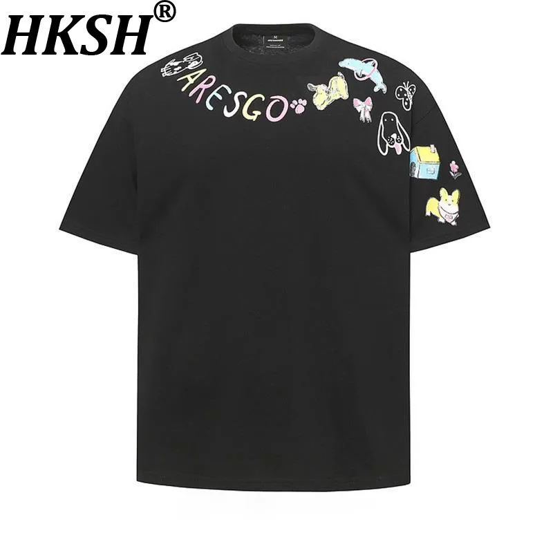 

HKSH Весна Лето Новые Мужчины Tide High Street Футболка с рукавами до половины Граффити Мультфильм Принт Свободные Шикарные Повседневные Топы Ins HK6408