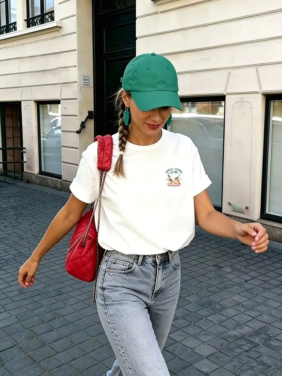 2026 Spring Summer Oversized Vintage Washed Cotton Women T-shirt Cute Pasta Heart Pattern Print Breathable Soft All-match Street Vacation Casual Tops