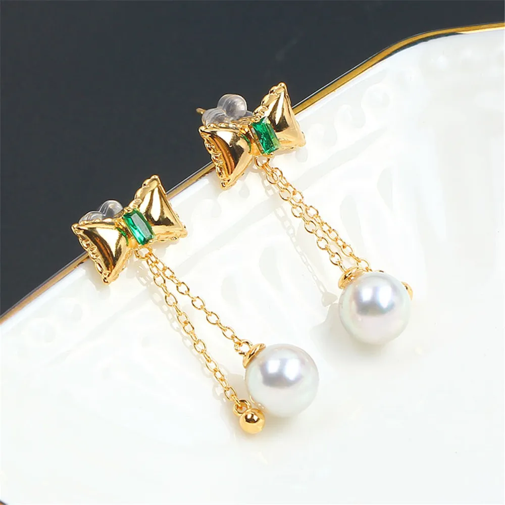 14k Gold Coated Gold Plating Bow Pearl Ear Thread Stud Earrings Empty Support DIY Accessories Temperament Women