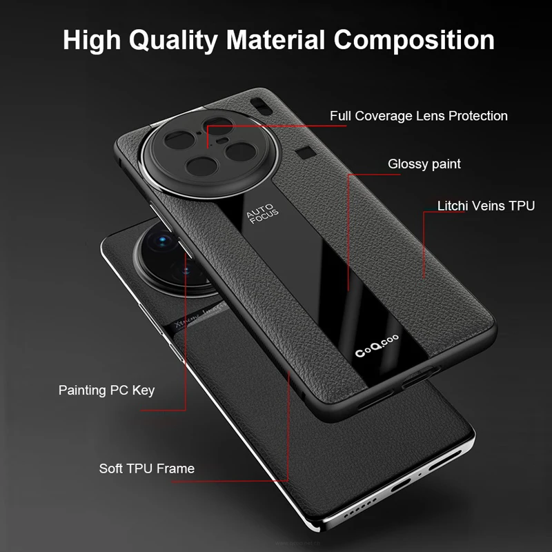 For Vivo X90 Pro Plus Case Luxury Lichi Leather +Soft TPU Ultra Thin Lens Protection Slim Matte Cover for Vivo X90 чехол