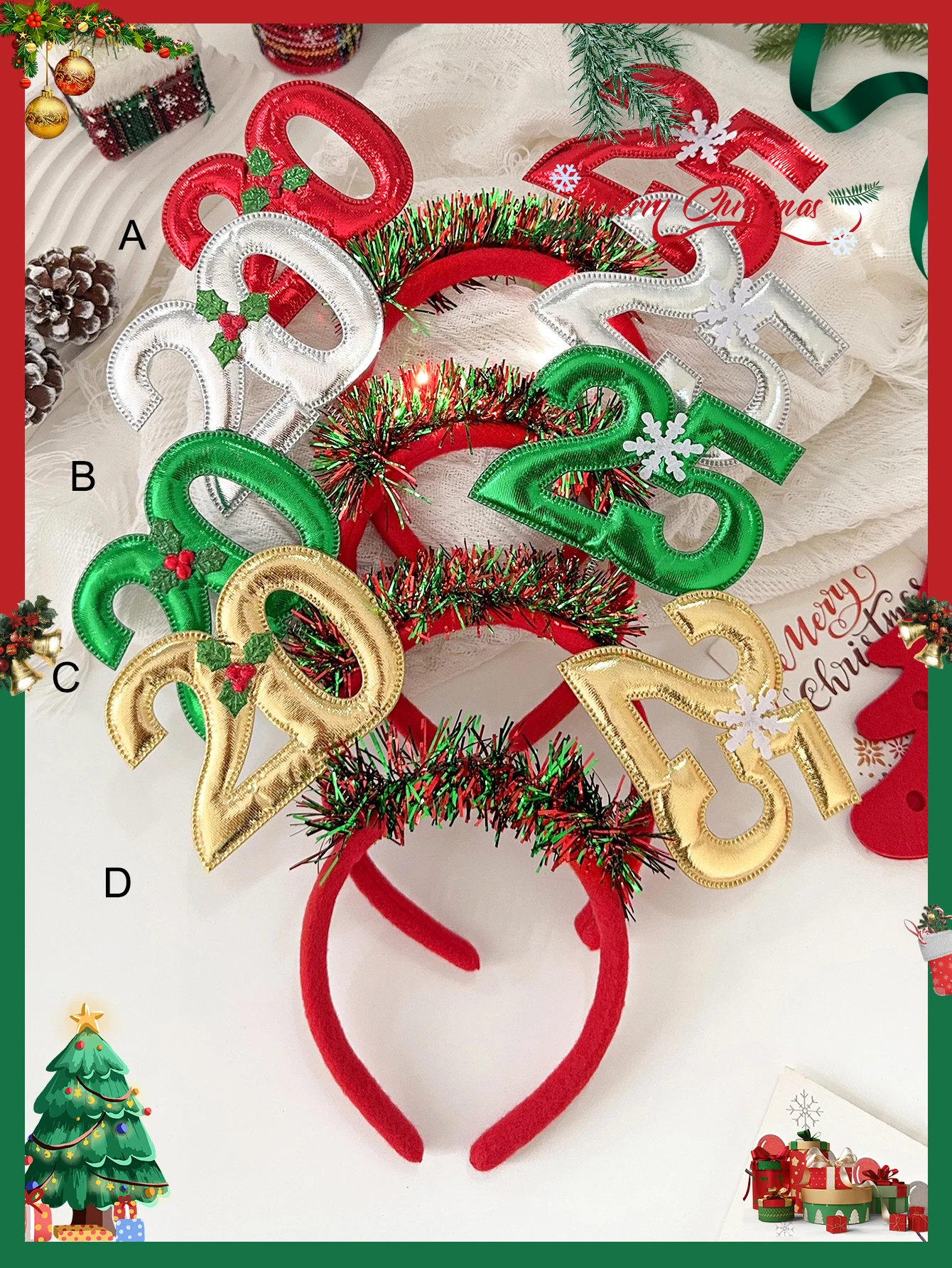 1Pcs Green Red Christmas Day Party Headband,2025 Happy New Year Hairbands with Gold Foil Glitter Holiday Headpiece