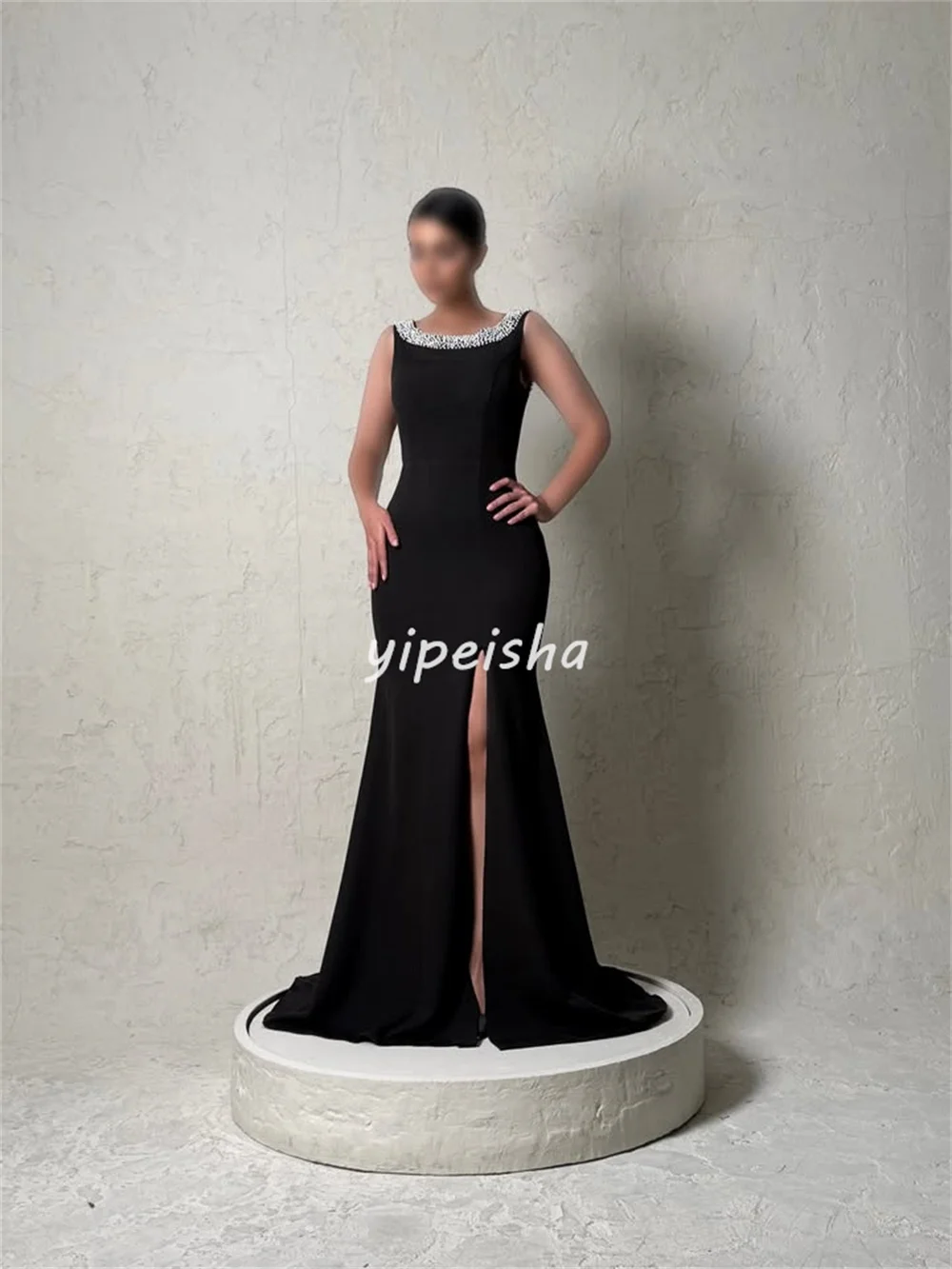 カスタマイズされた高品質のクラシックジャージービーズプリーツマーメイドスクープネックロングドレスオーダーメイドオケージョンドレスマッチングエレガント