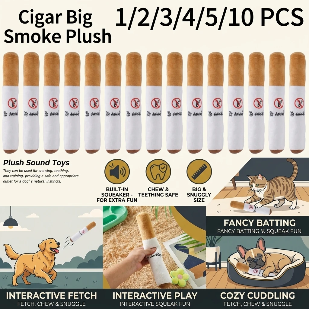 1/2/3/4/5/10PCS Cigar Big Smoke Plush Squeak Dog Chew Toy Interactive Molar Chew Toy Bite Resistant Fake Cigarette Dog Chew Toy