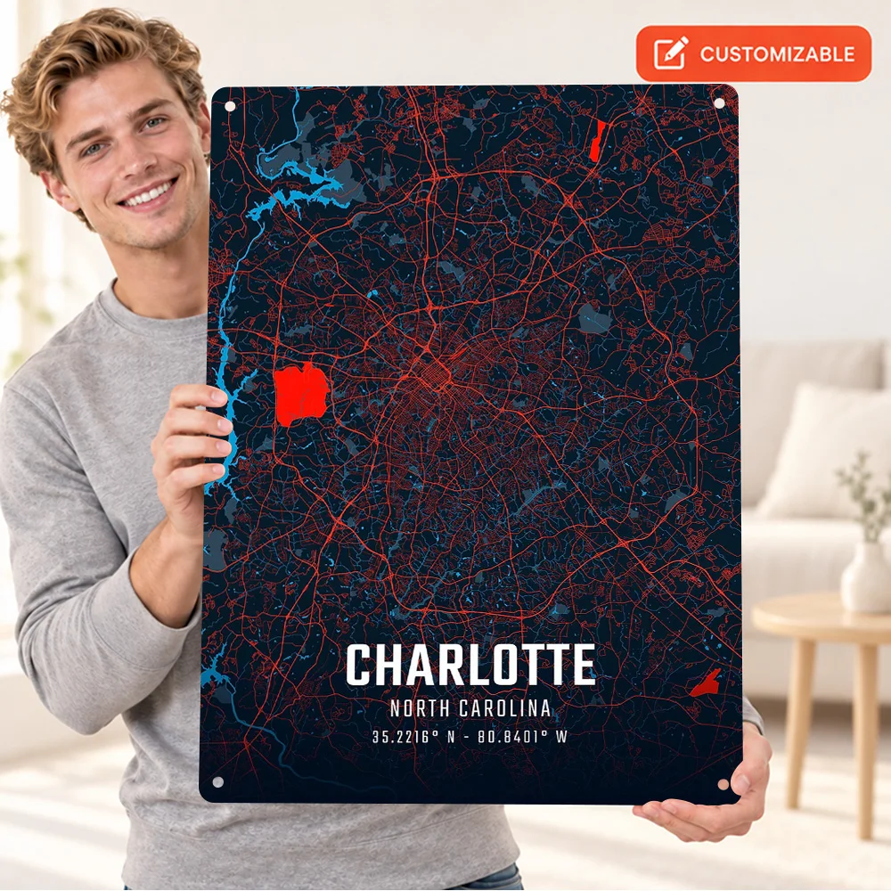 Charlotte City Map Printed Poster Retro Bold Design Creative Workspace Wall Art Personalized Aluminum Metal Sign Birthday Gift