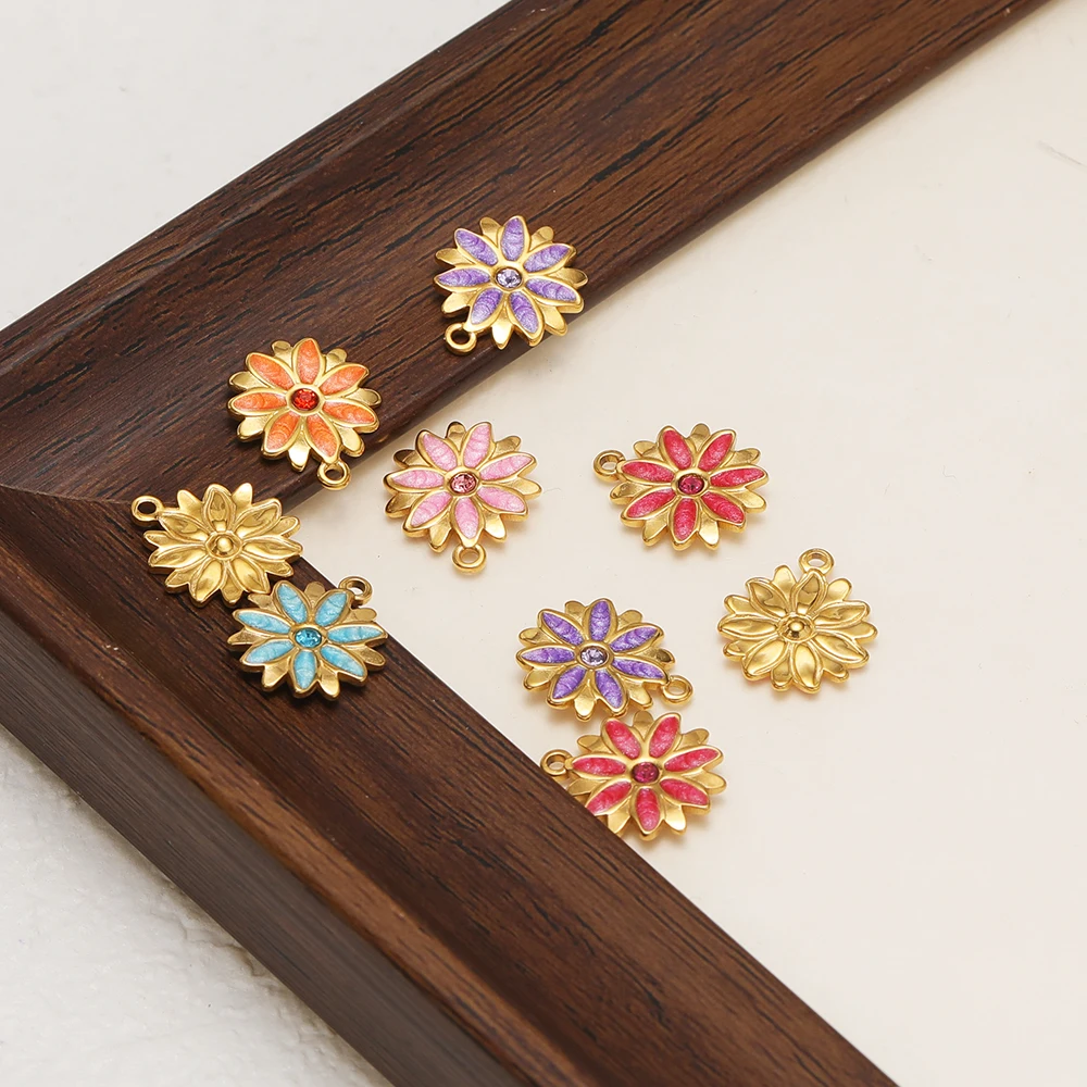 5 Stück Edelstahl-Zirkon-Sonnenblumen-Emaille-Anhänger für DIY-Schmuckherstellung, Mädchen-Halsketten, Armbänder, Anhänger, Ohrringe – Detail 4