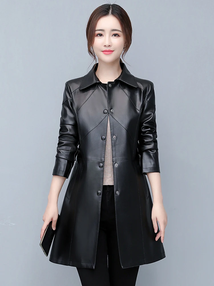 Manteau long en cuir d'agneau véritable pour femme, version coréenne, coupe ajustée, collection Printemps 2025, Haining Leather Outerwear