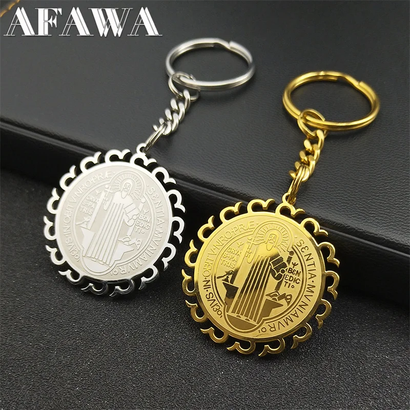 Saint Benedict Sun Shape Medal Key Chain for Women Men Stainless Steel Gold Silver Color San Benito Religion Keyring Jewelry