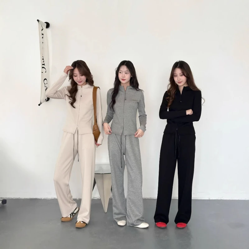 Autumn Comfy Women's Tracksuits Fashion Slim Full-zip Jackets with High Waist Straight Sweat Pants 2pcs Sport Set Casual Outfits