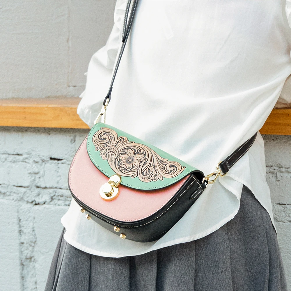 Vegetable tanned leather carved women's shoulder bag fashionable crossbody bag niche design retro saddle bag  for women