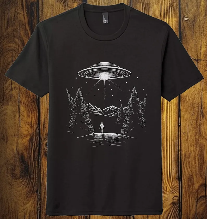 

Retro UFO minimalist graphic Tshirt Flying Saucer in the forest black unisex soft shirt