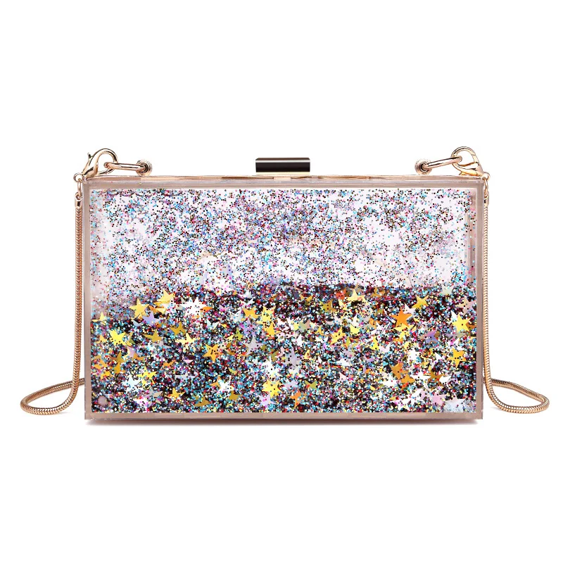 

Transparent Rectangular Liquid Quicksand Acrylic Clutch Evening Bag Women Shoulder Bags Sequins star Party Clear Purse Handbag