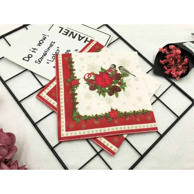 20pcs/Pac 33*33cm 2-Ply Christmas Style Red Lace Bird Colourful Printed Napkin Festive Party Paper Napkin Mouthcloths