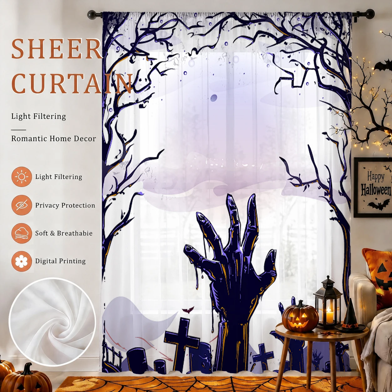 Halloween Festival Sheer Curtain, Good Quality Light Reducing Privacy Voile For Living/Bedroom/Kids Room,Halloween Festival Gift