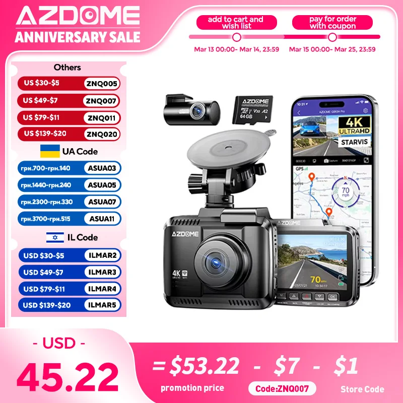 AZDOME 4K ADAS Dash Cam GS63H Pro Car DVR Built-in GPS WiFi Video Recorder Car Camera WDR Night Vision 24H Parking Monitor 1080P