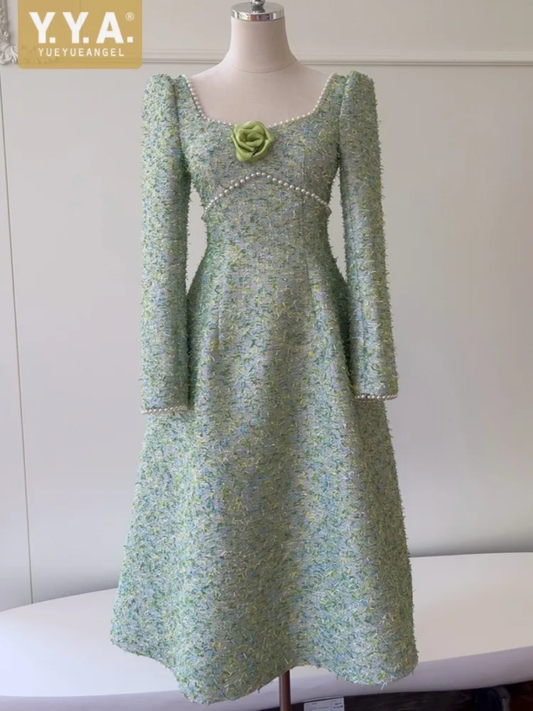 Fashion Elegant Ladies Designer Slim Fit High Waist Tweed High Long Sleeve Patchwork Pearl Square Collar Women Casual Dresses