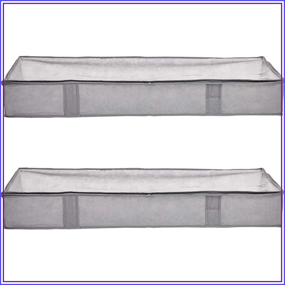 Under Bed Storage Bags for Clothes and Blankets, Foldable Fabric Zipper Container with Clear Window, Reinforced Handles, Space Saving, 18x42x6 Inches, Gray, 2-Pack