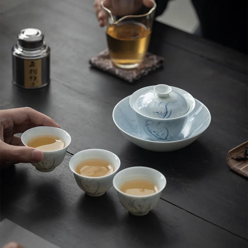 Clearance Ceramic Hand-Painted Narcissus Flower Kung Fu Set Autumn Water Orchid Gaiwan Tea Cup Teapot Holder Promotio