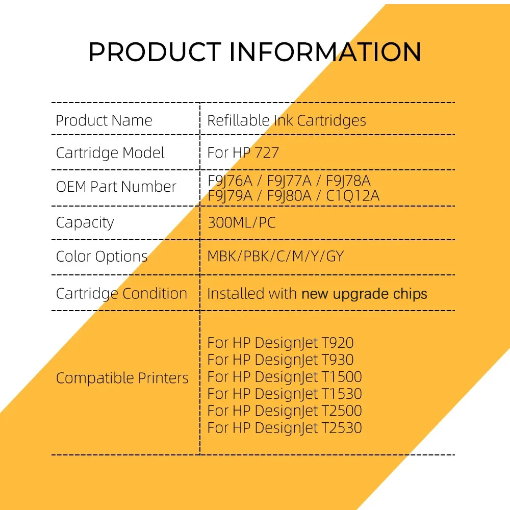 HP DesignJet T920 T930 T1500 T1530 T2500 T2530 F9J77A C1Q12A 용 새 업그레이드 칩이 포함 된 HP 727 300ML 리필 잉크 카트리지